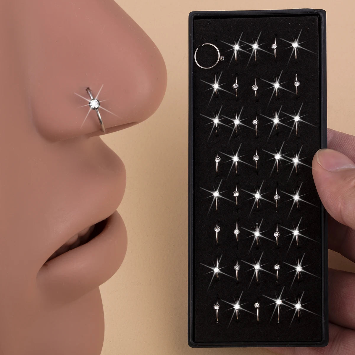 40pcs/Box Rhinestone Nose Rings Stainless Steel Nostril Piercing Jewelry Nose Hoop Ring 8mm Cartilage Tragus Daith Earring Jewel