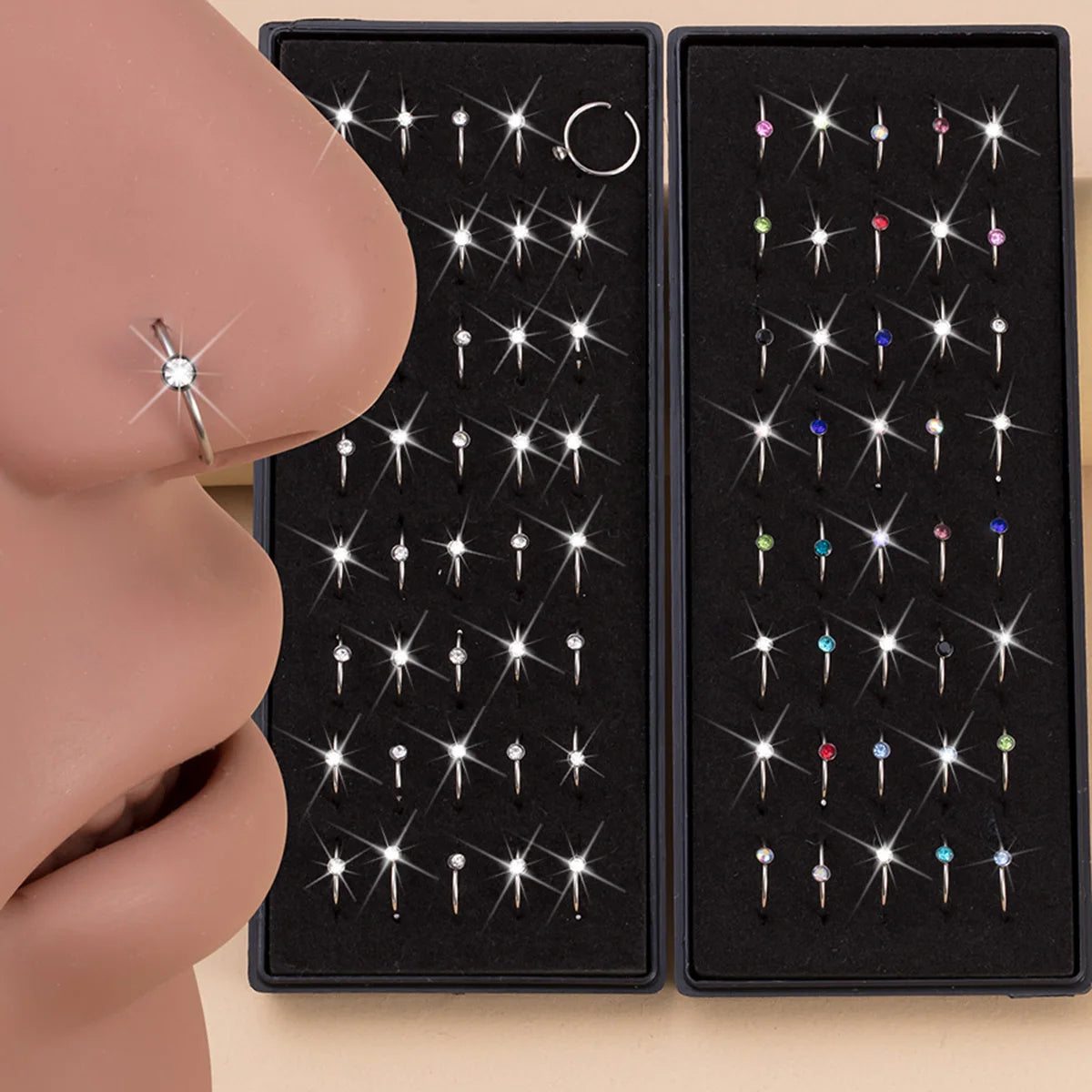 40pcs/Box Rhinestone Nose Rings Stainless Steel Nostril Piercing Jewelry Nose Hoop Ring 8mm Cartilage Tragus Daith Earring Jewel
