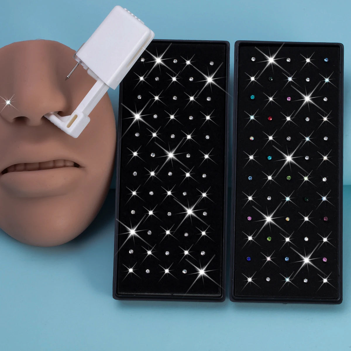 61pcs Nose Piercing Kit Including 1pc Disposable Nose Piercing Gun Machine 60pcs Rhinestone Straight Nose Stud Body Jewelry Tool