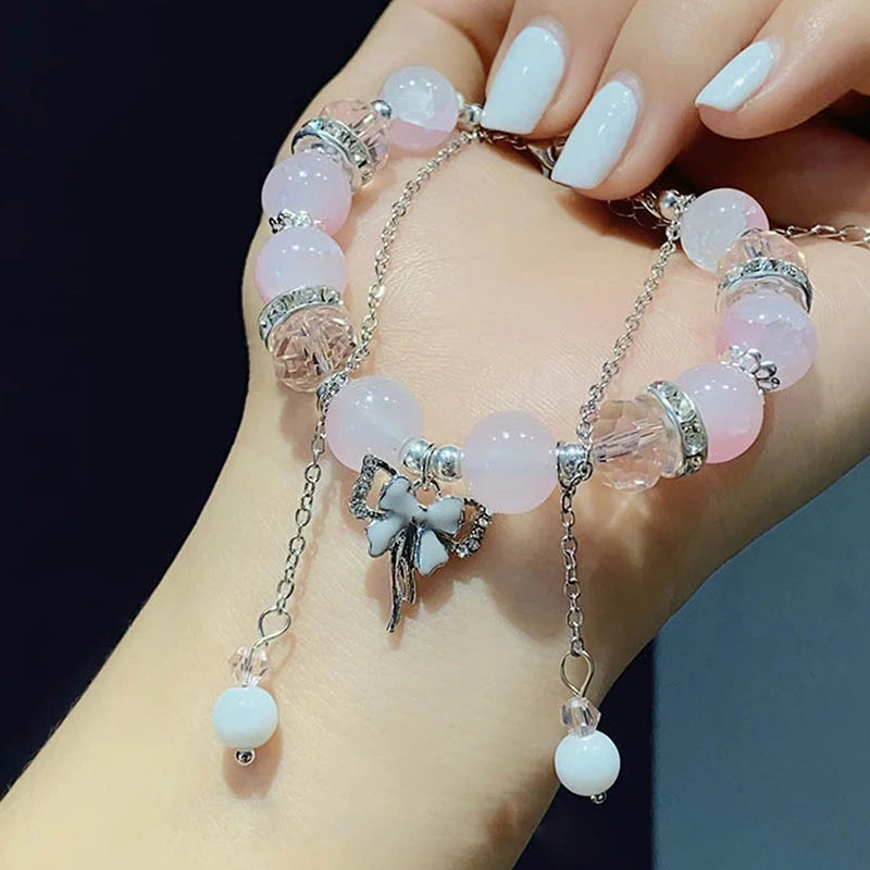 Elegant Beaded Bracelet Bowknot Charm Tassels Wrist Bangle Fashionable Women's Hand Link Chain Trendy Jewelry Gifts