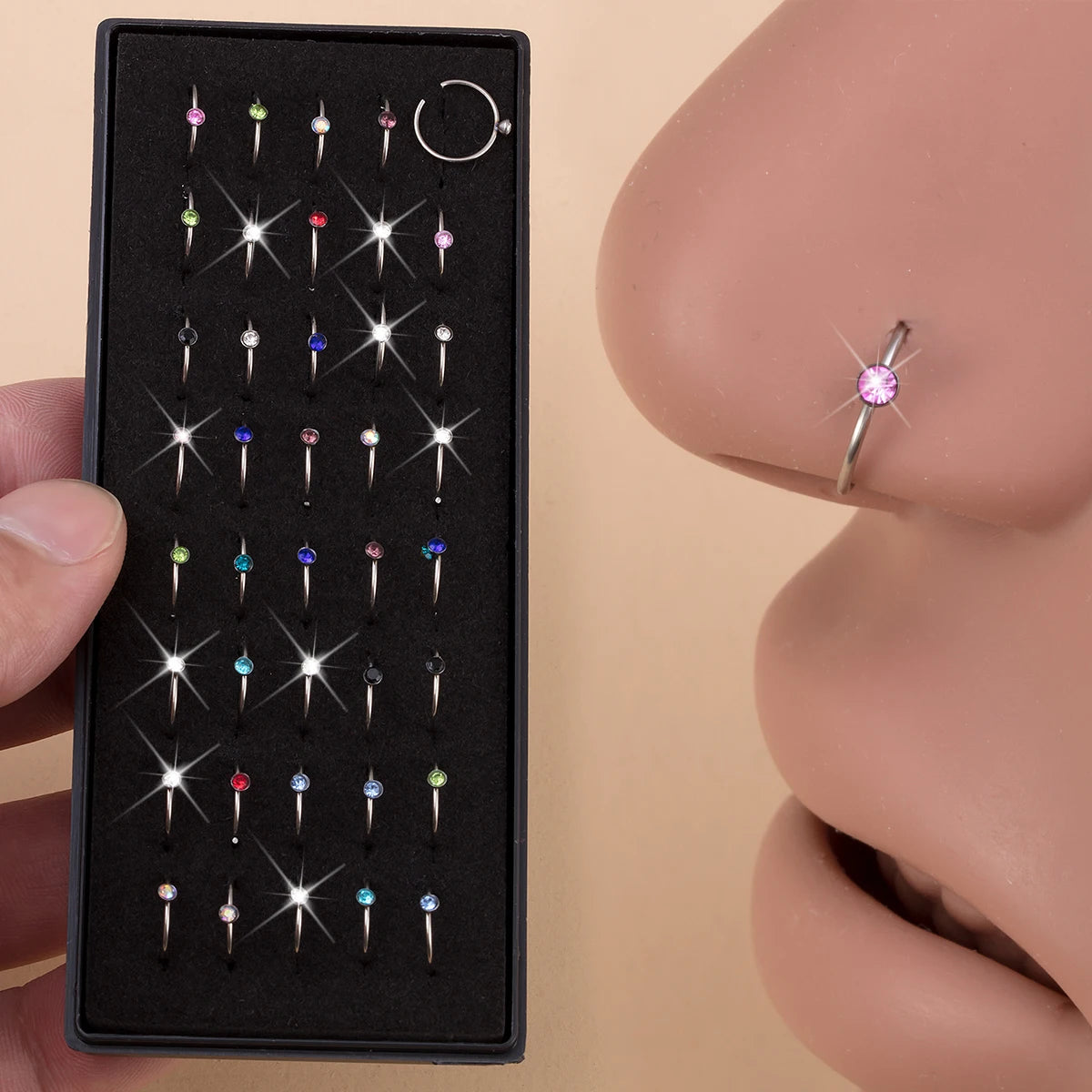 40pcs/Box Rhinestone Nose Rings Stainless Steel Nostril Piercing Jewelry Nose Hoop Ring 8mm Cartilage Tragus Daith Earring Jewel