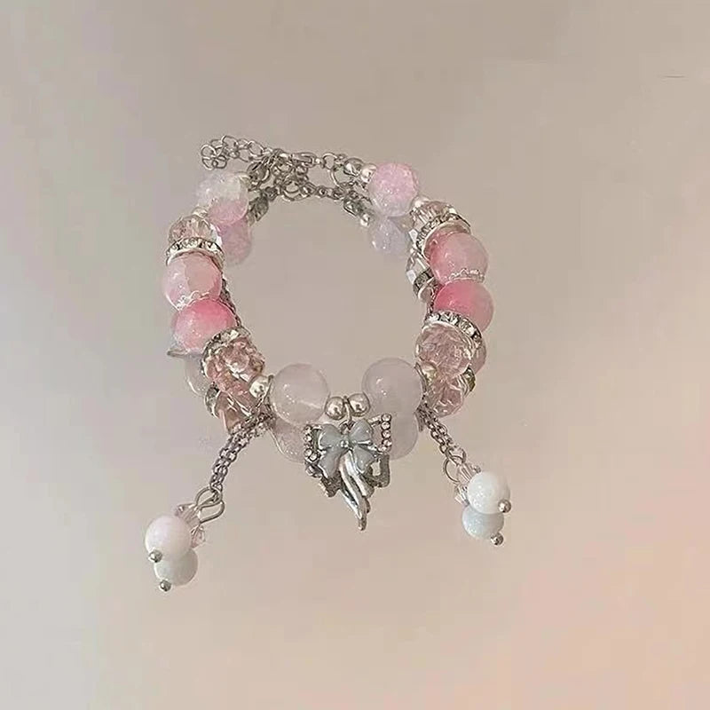 Elegant Beaded Bracelet Bowknot Charm Tassels Wrist Bangle Fashionable Women's Hand Link Chain Trendy Jewelry Gifts