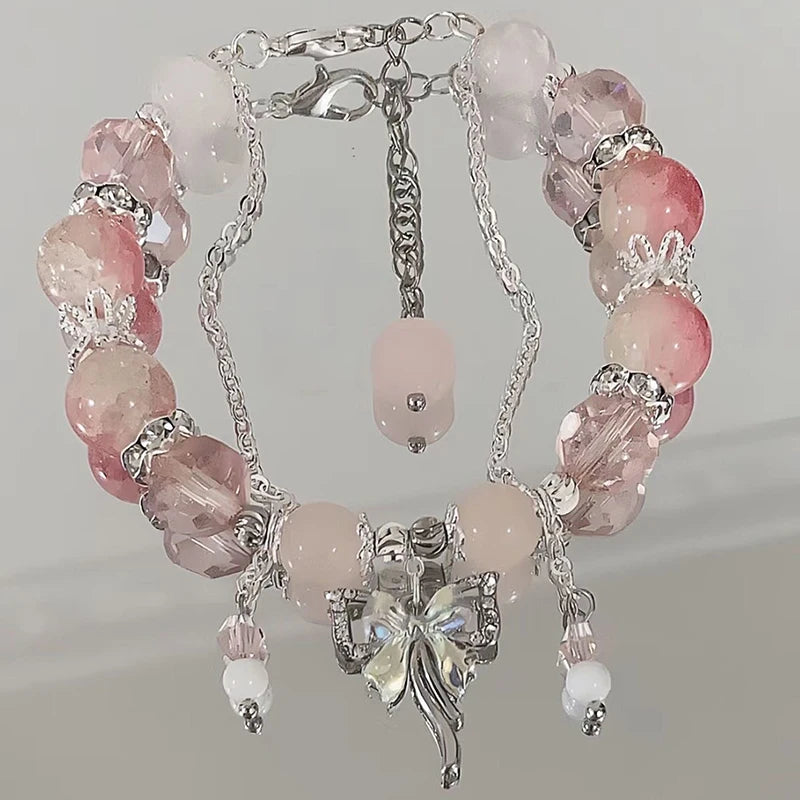 Elegant Beaded Bracelet Bowknot Charm Tassels Wrist Bangle Fashionable Women's Hand Link Chain Trendy Jewelry Gifts