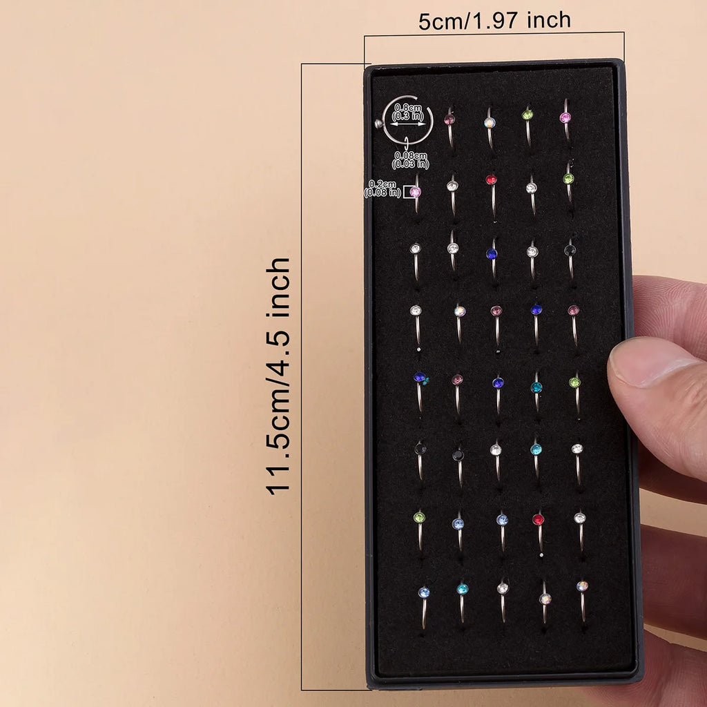 40pcs/Box Rhinestone Nose Rings Stainless Steel Nostril Piercing Jewelry Nose Hoop Ring 8mm Cartilage Tragus Daith Earring Jewel