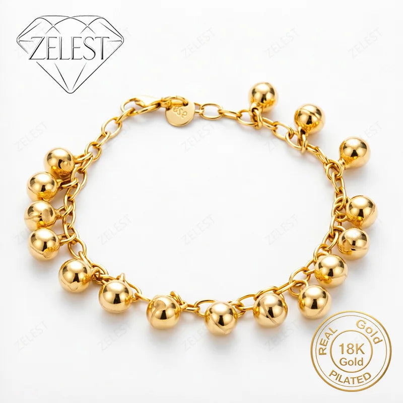 925 Sterling Silver 18K Gold Plated 8-inch Delicate Bright Round Bead Bracelet for Women, Fashionable Party Gift Jewelry